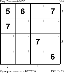 The grouppuzzles.com Easy Sudoku-4-5678 puzzle for Monday April 27, 2026 with all 2 steps marked