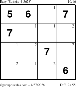 The grouppuzzles.com Easy Sudoku-4-5678 puzzle for Monday April 27, 2026 with the first 2 steps marked