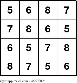The grouppuzzles.com Answer grid for the Sudoku-4-5678 puzzle for Monday April 27, 2026