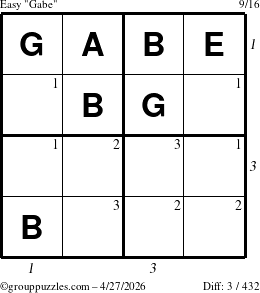 The grouppuzzles.com Easy Gabe puzzle for Monday April 27, 2026, suitable for printing, with all 3 steps marked