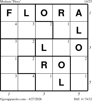 The grouppuzzles.com Medium Flora puzzle for Monday April 27, 2026, suitable for printing, with all 4 steps marked