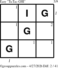 The grouppuzzles.com Easy TicTac-GHI puzzle for Monday April 27, 2026, suitable for printing, with all 2 steps marked
