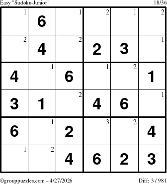 The grouppuzzles.com Easy Sudoku-Junior puzzle for Monday April 27, 2026 with the first 3 steps marked