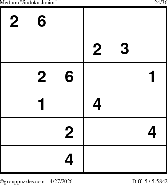 The grouppuzzles.com Medium Sudoku-Junior puzzle for Monday April 27, 2026