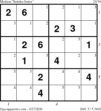 The grouppuzzles.com Medium Sudoku-Junior puzzle for Monday April 27, 2026 with all 5 steps marked