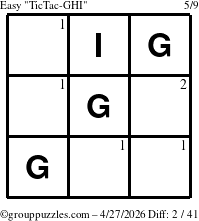The grouppuzzles.com Easy TicTac-GHI puzzle for Monday April 27, 2026 with the first 2 steps marked