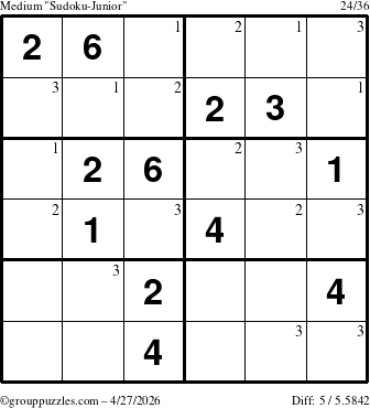 The grouppuzzles.com Medium Sudoku-Junior puzzle for Monday April 27, 2026 with the first 3 steps marked