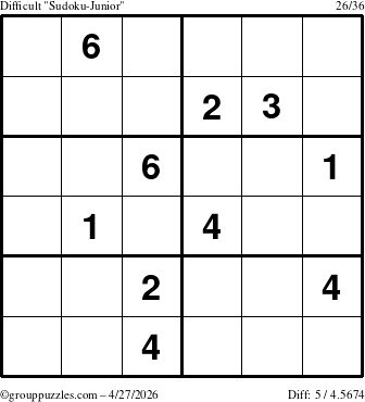 The grouppuzzles.com Difficult Sudoku-Junior puzzle for Monday April 27, 2026