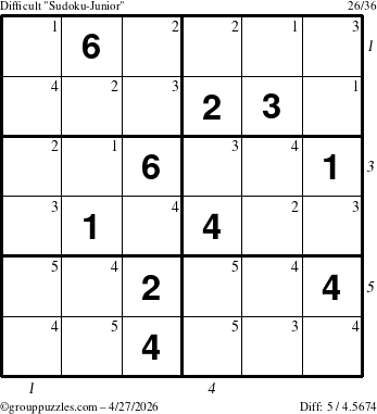 The grouppuzzles.com Difficult Sudoku-Junior puzzle for Monday April 27, 2026, suitable for printing, with all 5 steps marked