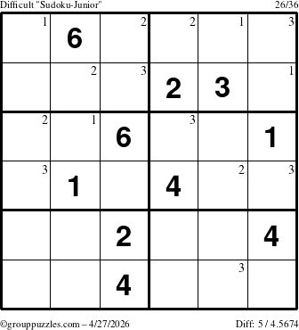 The grouppuzzles.com Difficult Sudoku-Junior puzzle for Monday April 27, 2026 with the first 3 steps marked