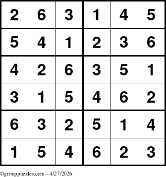 The grouppuzzles.com Answer grid for the Sudoku-Junior puzzle for Monday April 27, 2026