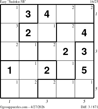 The grouppuzzles.com Easy Sudoku-5B puzzle for Monday April 27, 2026, suitable for printing, with all 3 steps marked