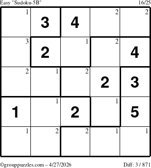 The grouppuzzles.com Easy Sudoku-5B puzzle for Monday April 27, 2026 with the first 3 steps marked