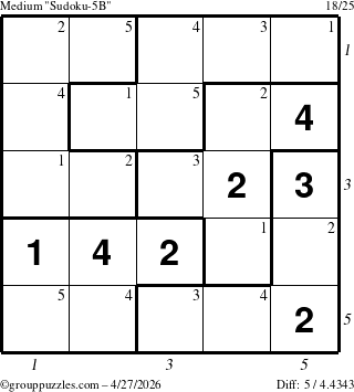 The grouppuzzles.com Medium Sudoku-5B puzzle for Monday April 27, 2026, suitable for printing, with all 5 steps marked
