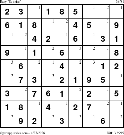 The grouppuzzles.com Easy Sudoku puzzle for Monday April 27, 2026 with the first 3 steps marked