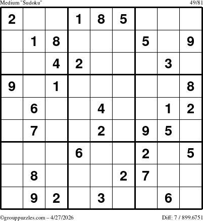The grouppuzzles.com Medium Sudoku puzzle for Monday April 27, 2026