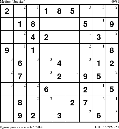 The grouppuzzles.com Medium Sudoku puzzle for Monday April 27, 2026 with the first 3 steps marked