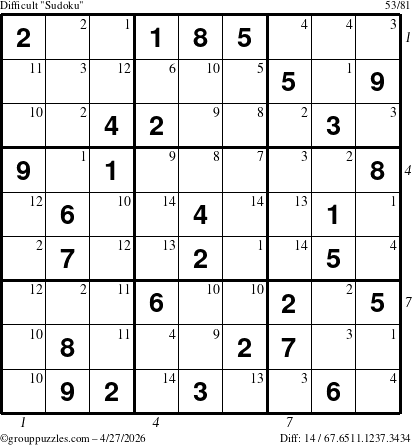 The grouppuzzles.com Difficult Sudoku puzzle for Monday April 27, 2026, suitable for printing, with all 14 steps marked