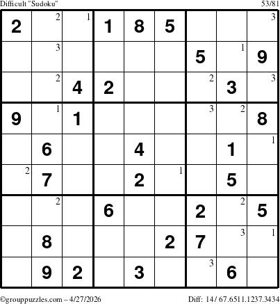 The grouppuzzles.com Difficult Sudoku puzzle for Monday April 27, 2026 with the first 3 steps marked
