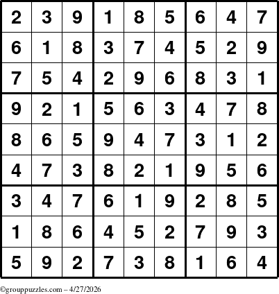 The grouppuzzles.com Answer grid for the Sudoku puzzle for Monday April 27, 2026