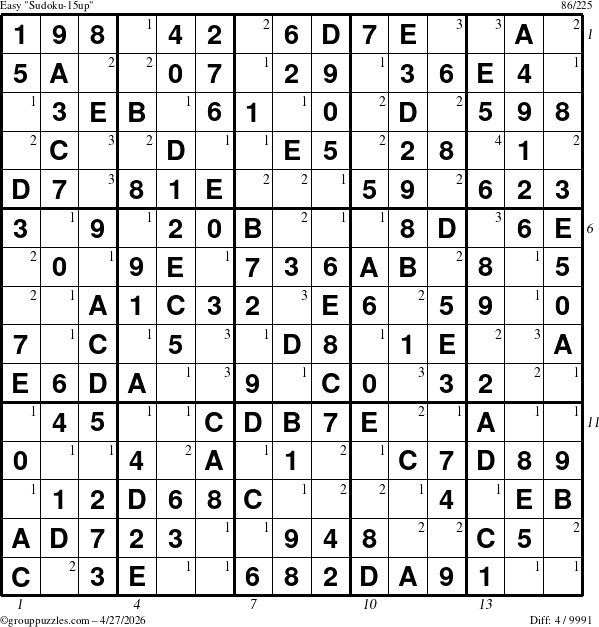 The grouppuzzles.com Easy Sudoku-15up puzzle for Monday April 27, 2026 with all 4 steps marked