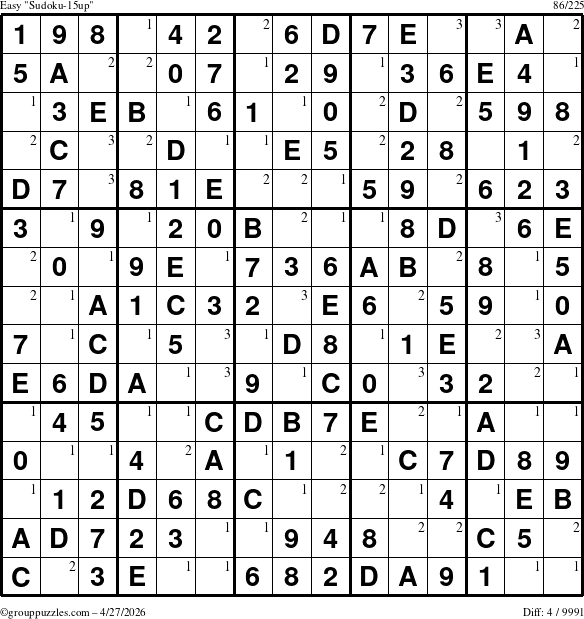 The grouppuzzles.com Easy Sudoku-15up puzzle for Monday April 27, 2026 with the first 3 steps marked