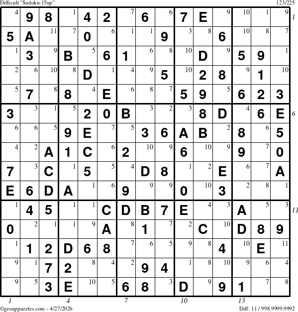 The grouppuzzles.com Difficult Sudoku-15up puzzle for Monday April 27, 2026 with all 11 steps marked