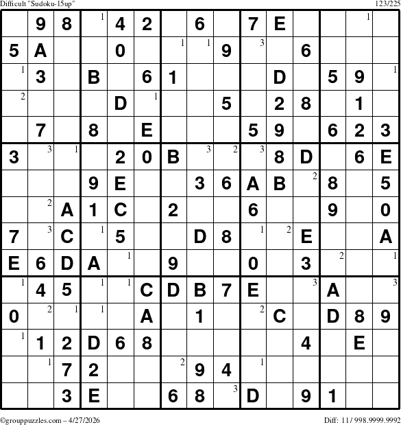 The grouppuzzles.com Difficult Sudoku-15up puzzle for Monday April 27, 2026 with the first 3 steps marked