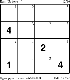 The grouppuzzles.com Easy Sudoku-4 puzzle for Thursday June 20, 2024 with the first 3 steps marked