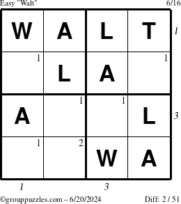 The grouppuzzles.com Easy Walt puzzle for Thursday June 20, 2024 with all 2 steps marked