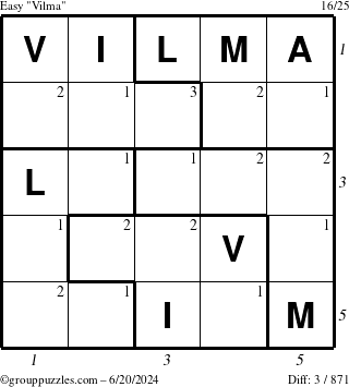 The grouppuzzles.com Easy Vilma puzzle for Thursday June 20, 2024 with all 3 steps marked