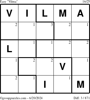 The grouppuzzles.com Easy Vilma puzzle for Thursday June 20, 2024 with the first 3 steps marked