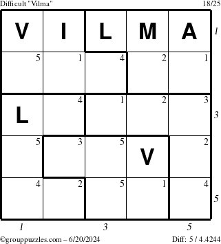 The grouppuzzles.com Difficult Vilma puzzle for Thursday June 20, 2024 with all 5 steps marked