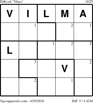 The grouppuzzles.com Difficult Vilma puzzle for Thursday June 20, 2024 with the first 3 steps marked