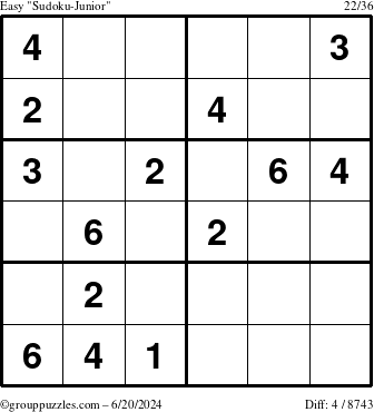 The grouppuzzles.com Easy Sudoku-Junior puzzle for Thursday June 20, 2024