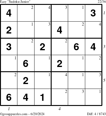 The grouppuzzles.com Easy Sudoku-Junior puzzle for Thursday June 20, 2024 with all 4 steps marked