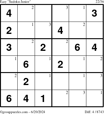 The grouppuzzles.com Easy Sudoku-Junior puzzle for Thursday June 20, 2024 with the first 3 steps marked