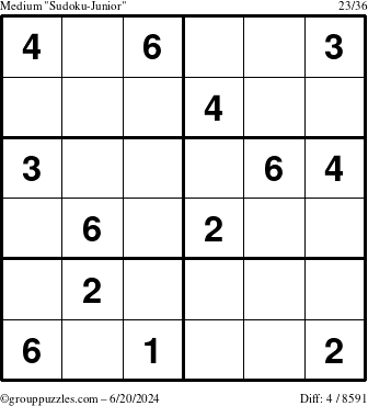 The grouppuzzles.com Medium Sudoku-Junior puzzle for Thursday June 20, 2024