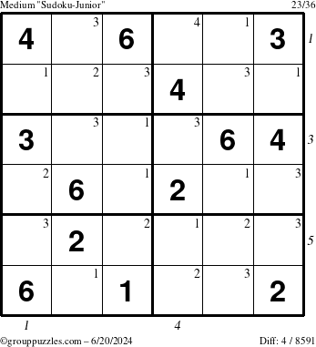 The grouppuzzles.com Medium Sudoku-Junior puzzle for Thursday June 20, 2024, suitable for printing, with all 4 steps marked