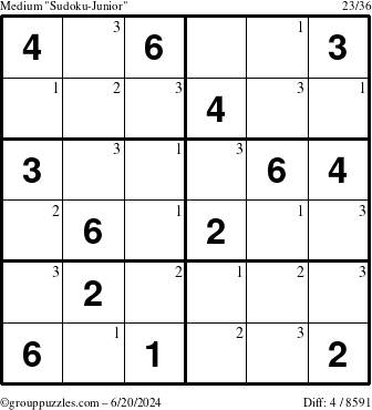 The grouppuzzles.com Medium Sudoku-Junior puzzle for Thursday June 20, 2024 with the first 3 steps marked