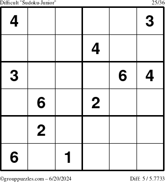 The grouppuzzles.com Difficult Sudoku-Junior puzzle for Thursday June 20, 2024