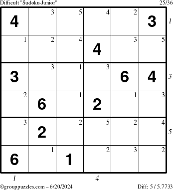 The grouppuzzles.com Difficult Sudoku-Junior puzzle for Thursday June 20, 2024 with all 5 steps marked