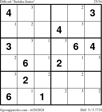 The grouppuzzles.com Difficult Sudoku-Junior puzzle for Thursday June 20, 2024 with the first 3 steps marked