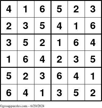 The grouppuzzles.com Answer grid for the Sudoku-Junior puzzle for Thursday June 20, 2024