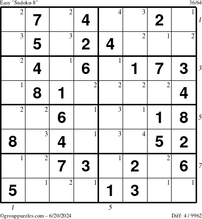 The grouppuzzles.com Easy Sudoku-8 puzzle for Thursday June 20, 2024, suitable for printing, with all 4 steps marked