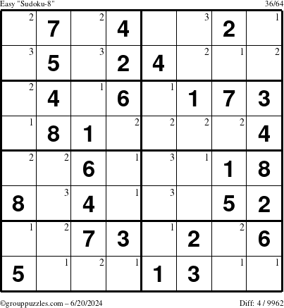 The grouppuzzles.com Easy Sudoku-8 puzzle for Thursday June 20, 2024 with the first 3 steps marked