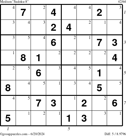 The grouppuzzles.com Medium Sudoku-8 puzzle for Thursday June 20, 2024 with all 5 steps marked