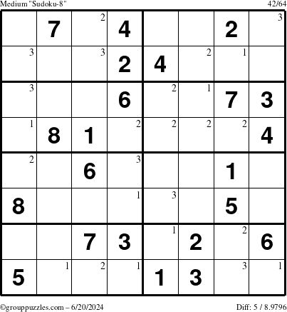 The grouppuzzles.com Medium Sudoku-8 puzzle for Thursday June 20, 2024 with the first 3 steps marked