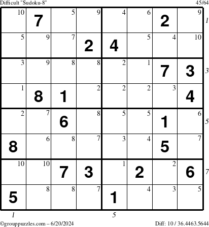 The grouppuzzles.com Difficult Sudoku-8 puzzle for Thursday June 20, 2024 with all 10 steps marked