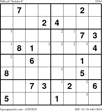 The grouppuzzles.com Difficult Sudoku-8 puzzle for Thursday June 20, 2024 with the first 3 steps marked